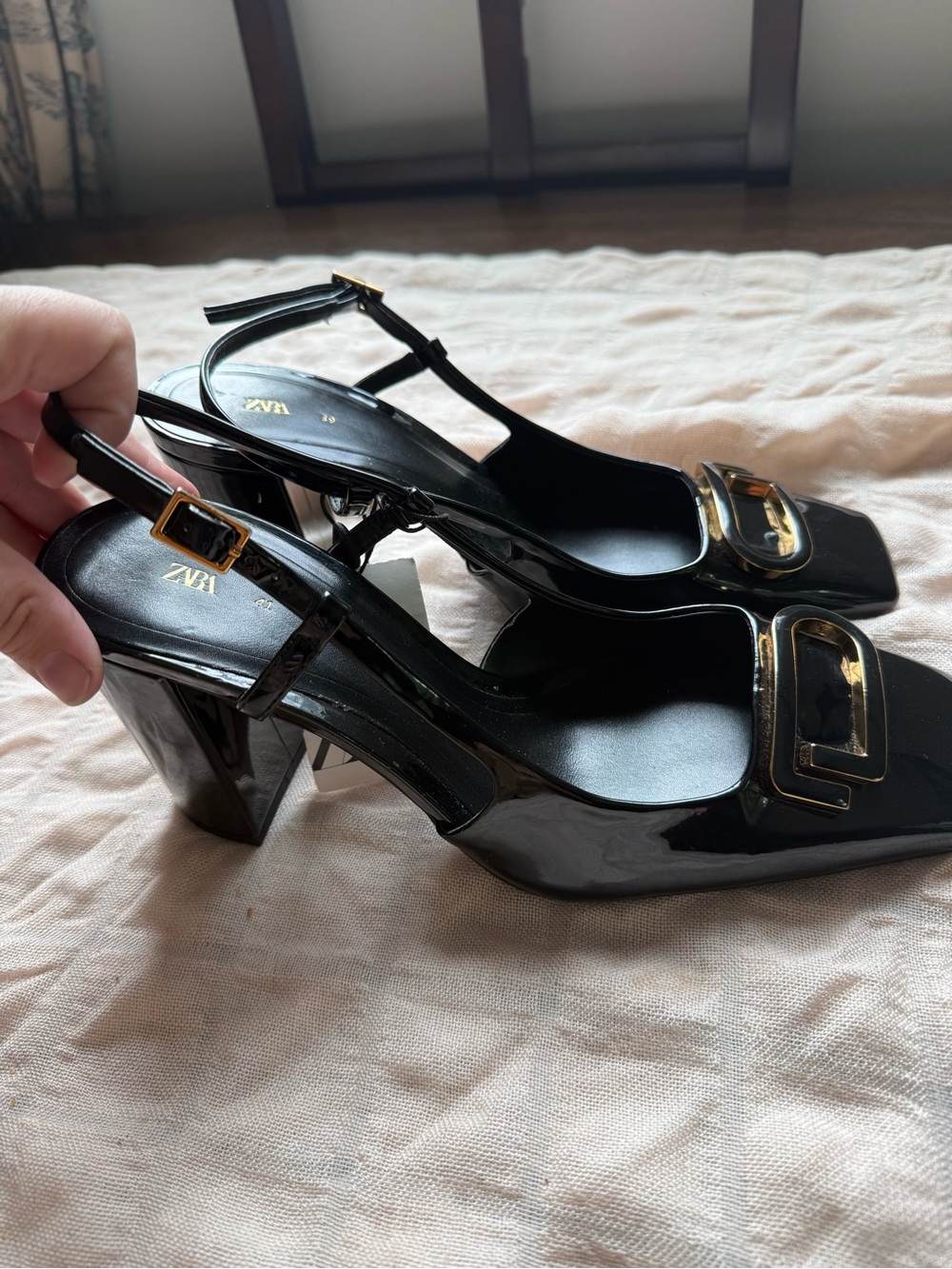 Zara Black Patent Slingback Heels with Gold Buckle Accent - Picture 2 of 5